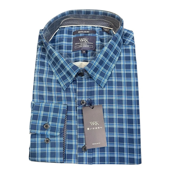 NWT WRK 4 Way Stretch Blue Plaid Button Down Regular Fit Dress Shirt Mens SZ 19 - Picture 1 of 9